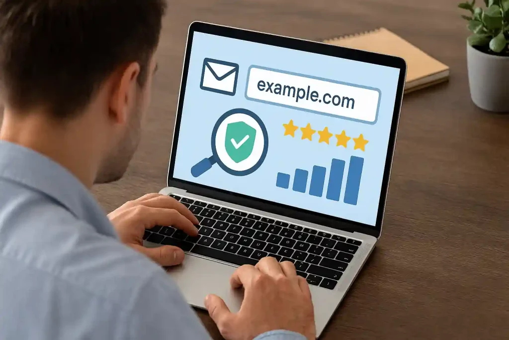 Magnifying glass inspecting email domain reputation with secure shield and rating stars on a laptop screen
