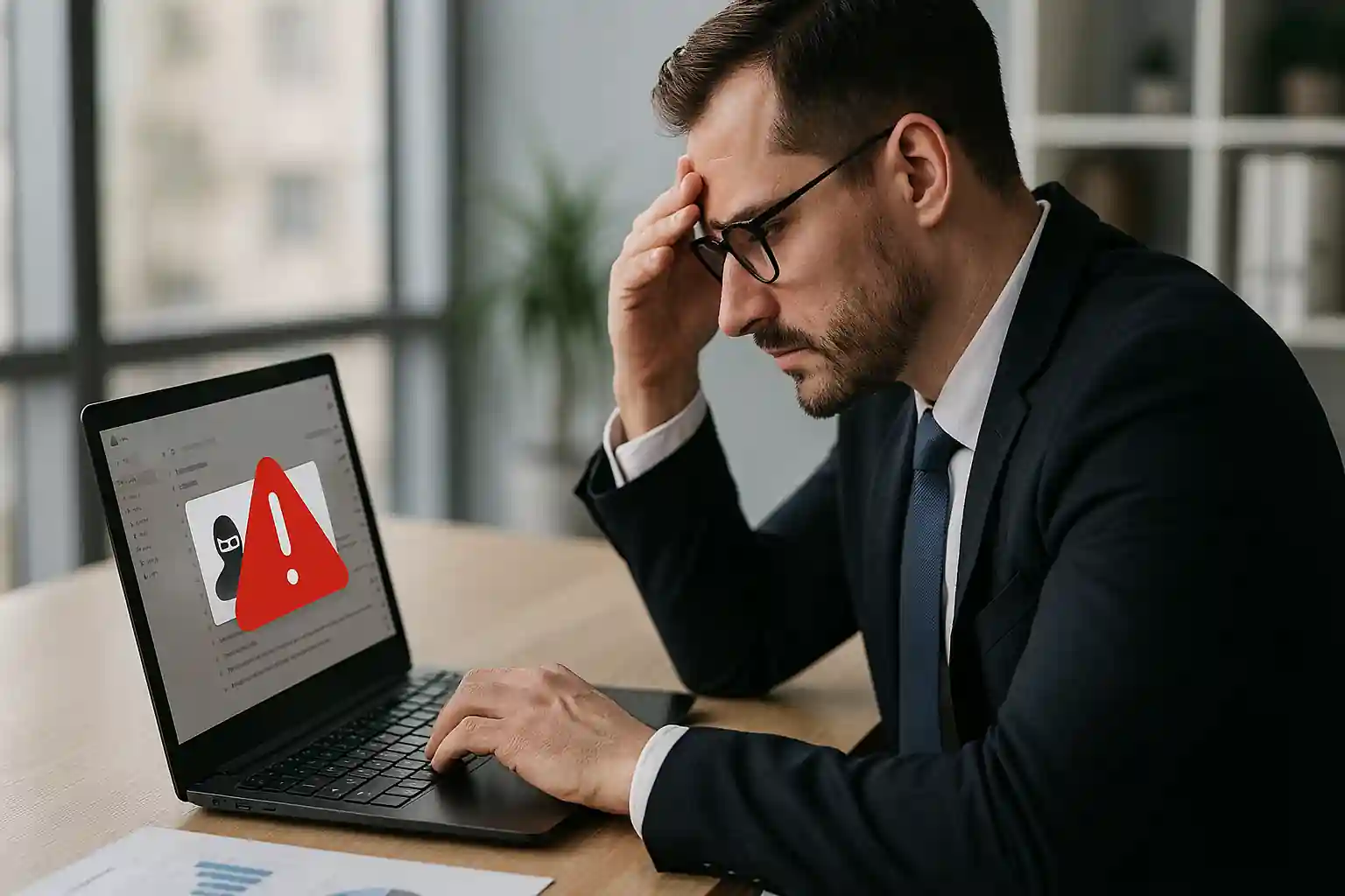 Realistic office scene showing a businessman reviewing a suspicious email on a laptop, symbolizing business email compromise cyber threat.