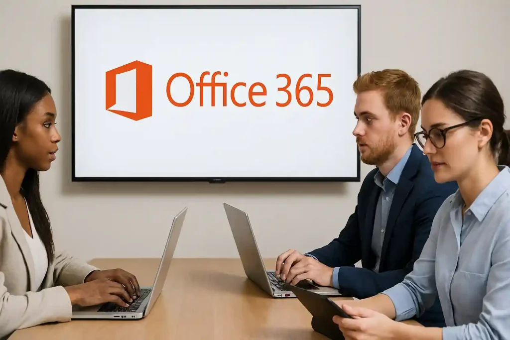 Modern office setup with laptop and cloud icons representing Microsoft Office 365 and Exchange Online deployments