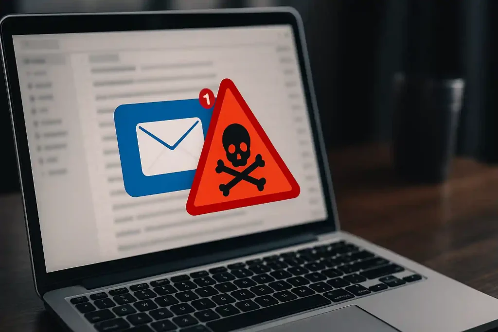 Digital visualization of countless emails flying through cyberspace, with red-highlighted malicious messages among secure email traffic