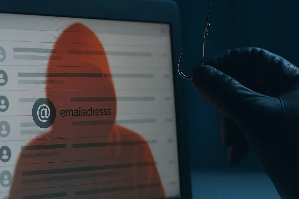 Realistic cybersecurity concept showing hackers targeting email addresses and domains with phishing hooks and digital crosshairs.