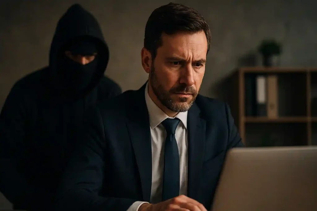 Realistic office scene showing a businessman reviewing suspicious emails on a laptop, symbolizing Business Email Compromise (BEC) cyber threats.