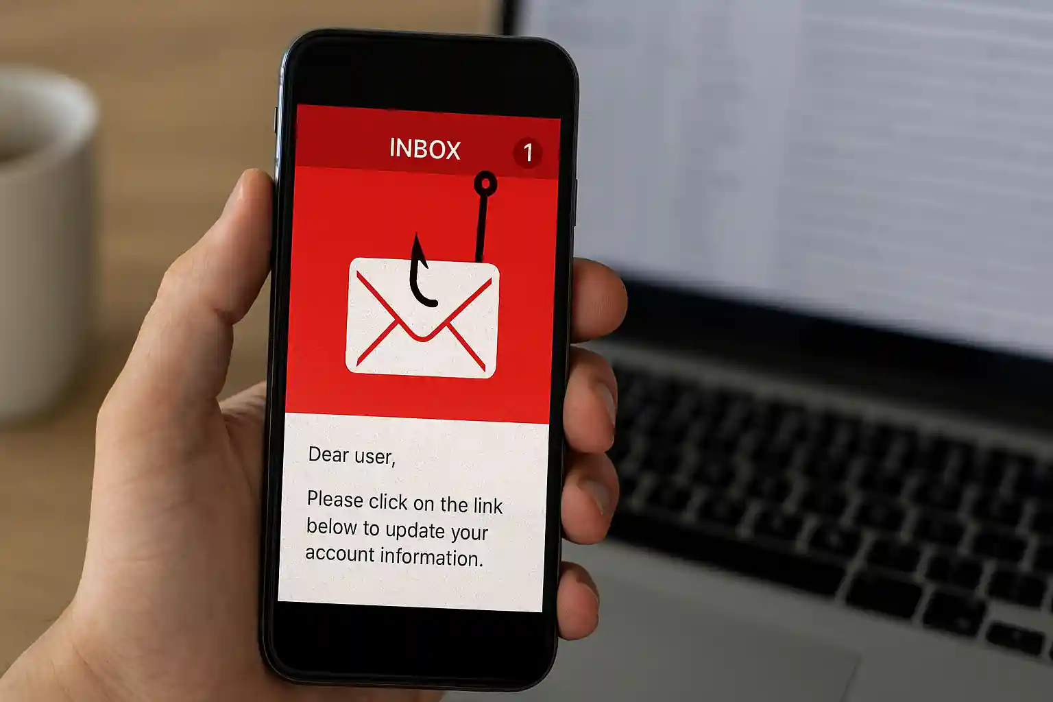 Realistic phishing attack concept showing a suspicious email on a smartphone with a symbolic hook, highlighting email-based cyber threats.