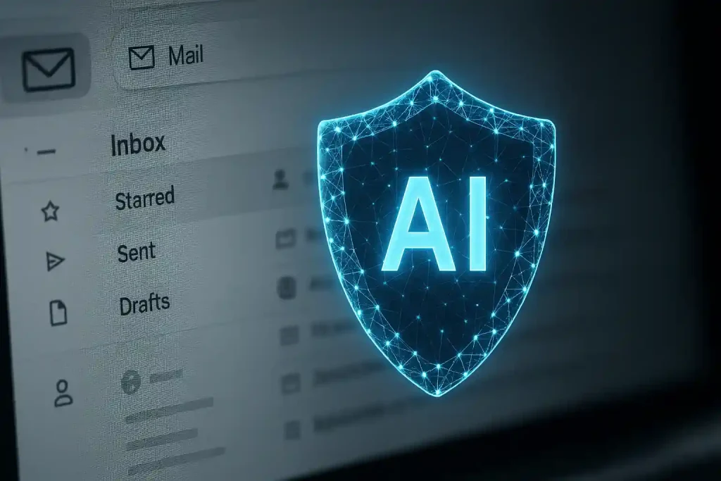 Realistic visualization of AI-powered advanced email threat protection with glowing digital shield securing inbox