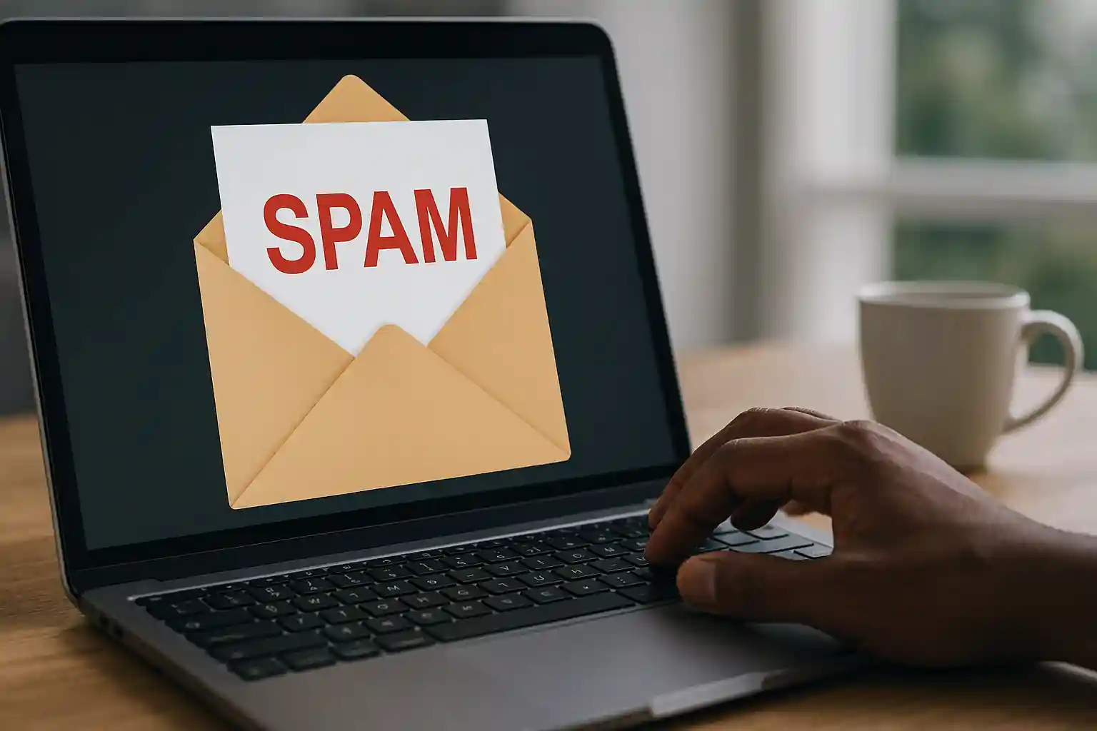 Realistic digital inbox overflowing with spam emails, warning icons, and a shield symbol representing email spam definition, history, and prevention.