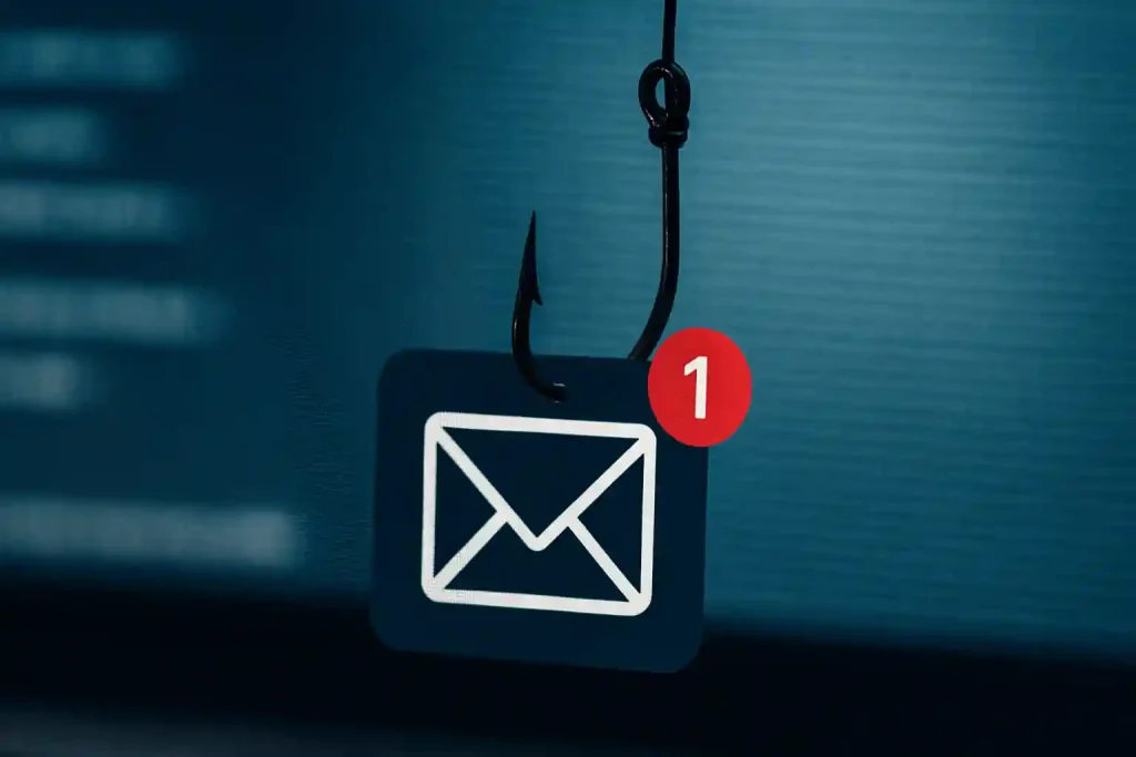Realistic concept of phishing attack showing a laptop with a fake login page and fishing hooks targeting digital icons like email, password, and credit card.