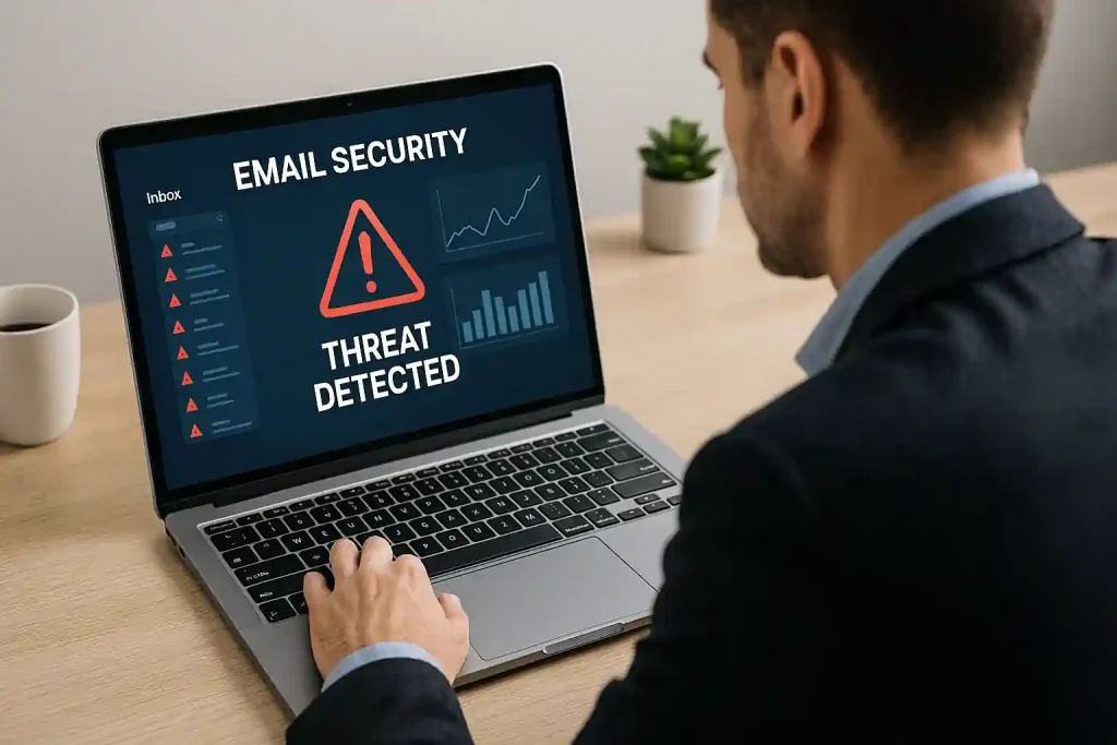Realistic office setup with laptop displaying advanced email security dashboard and digital protection icons
