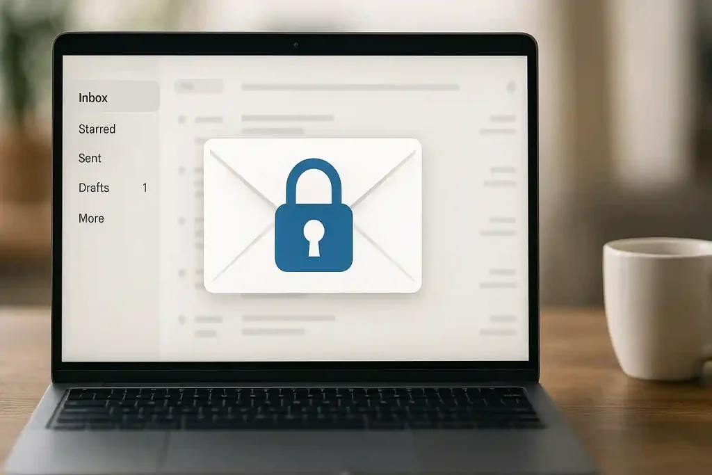 Secure laptop screen with envelope and padlock icon symbolizing encrypted email communications on a modern office desk