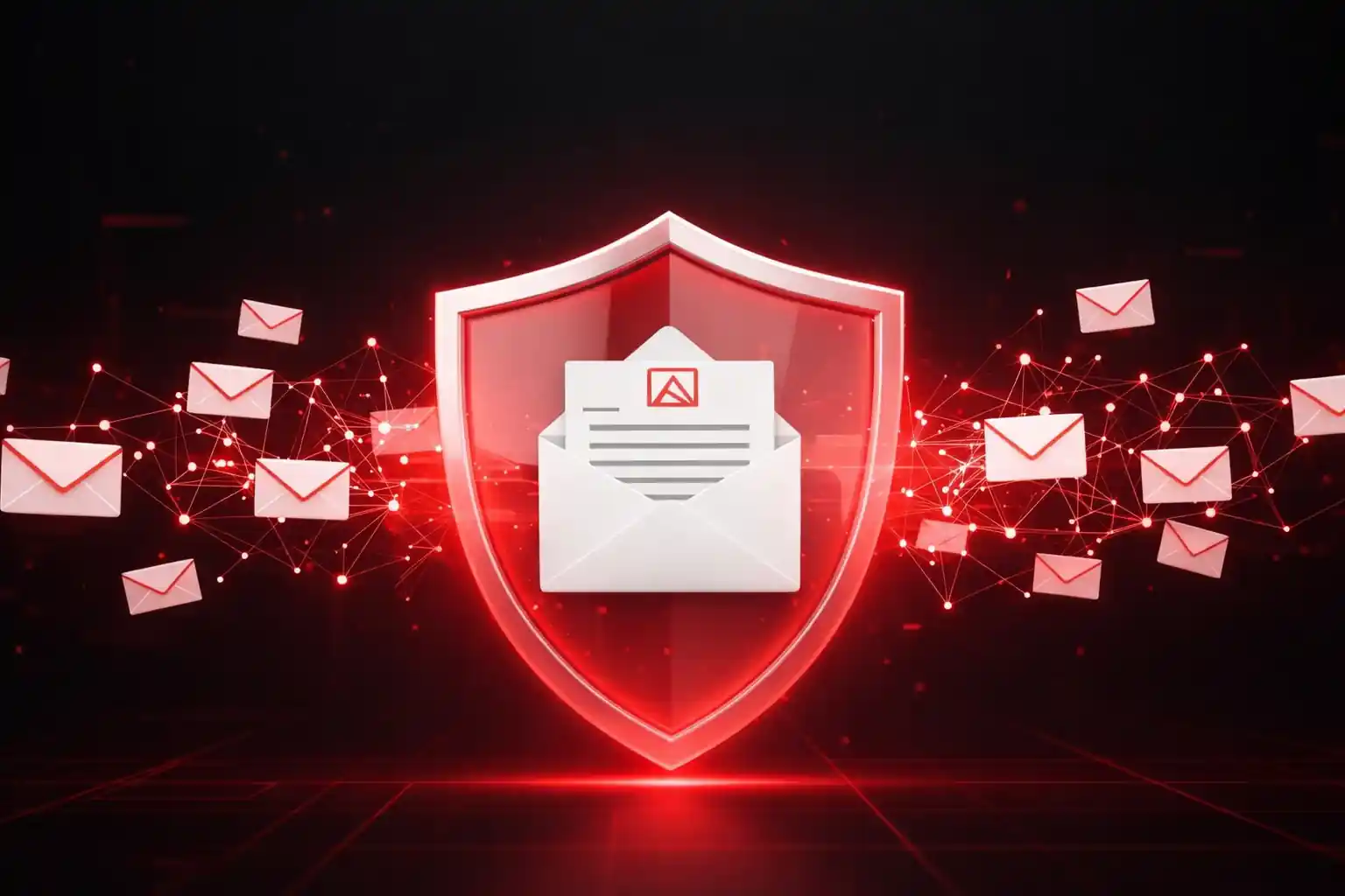 Cybersecurity illustration of email protection with red shield and envelope icons connected by digital nodes, symbolizing secure communication against phishing and spam.