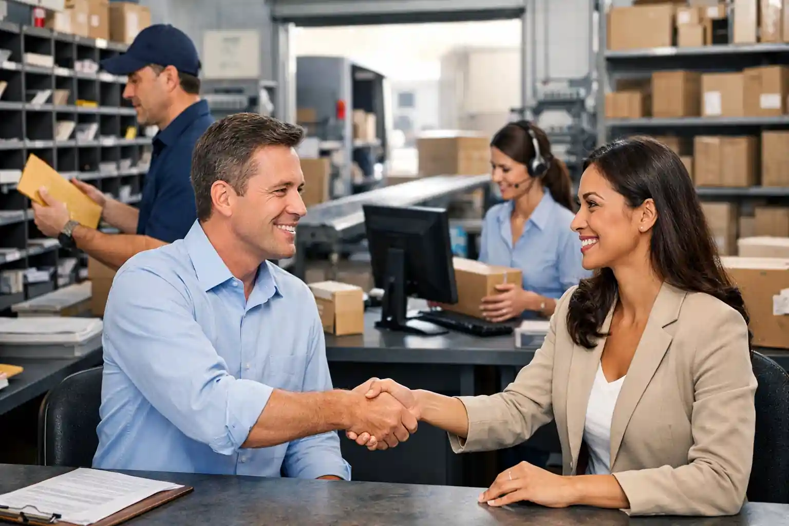 Professional business handshake at a secure mail and logistics center representing trust, reliability, and expert mail management services for businesses