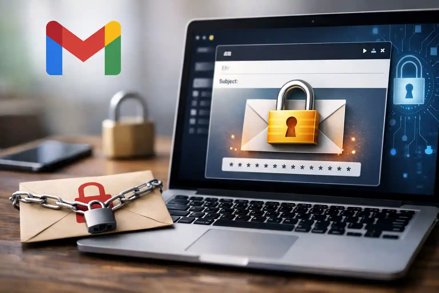 Secure email encryption in Gmail displayed on a laptop screen with padlock and envelope symbol representing how to send encrypted emails safely.