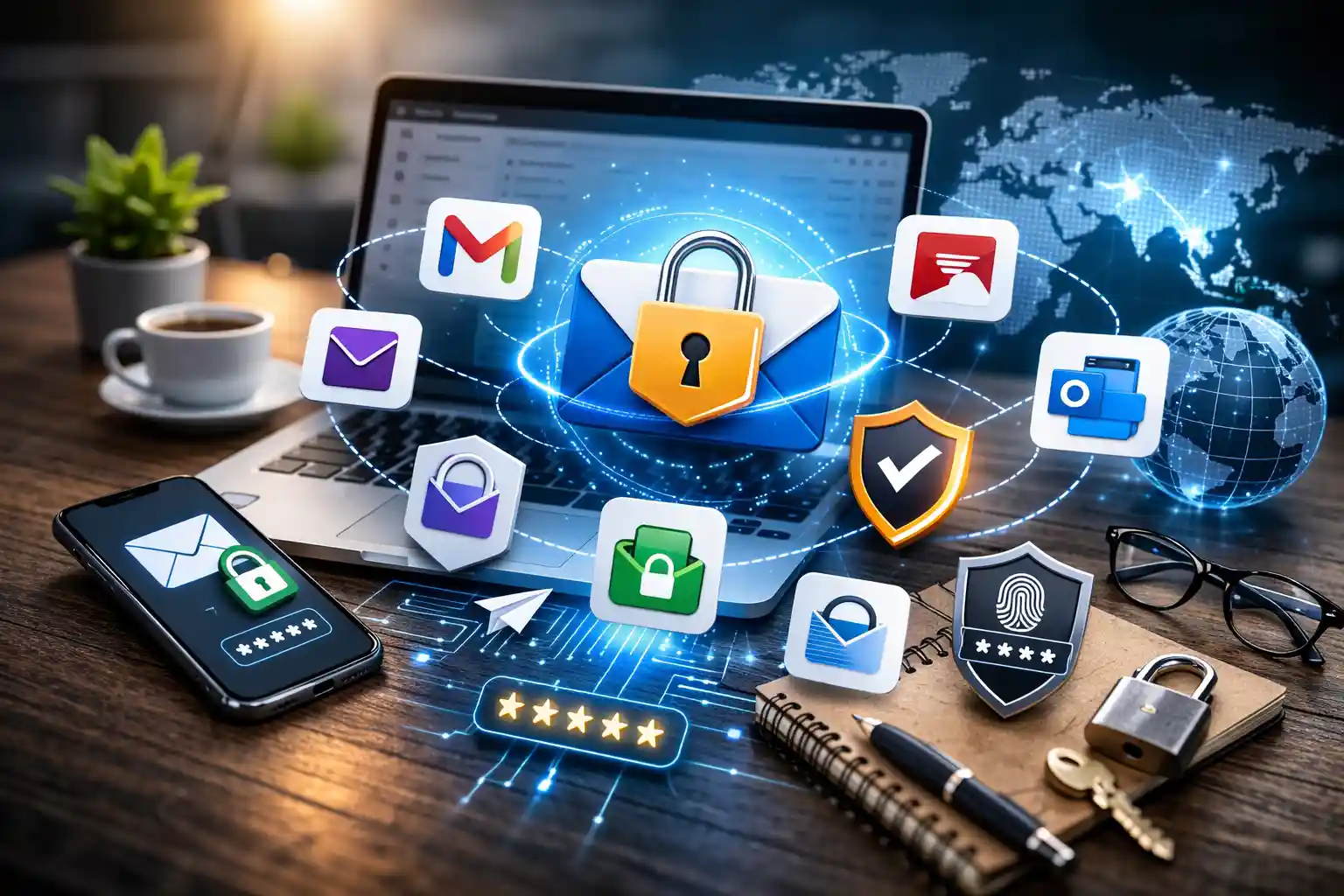 Most secure email providers comparison concept with encrypted email lock icon, laptop workspace, and cybersecurity shields representing private email services in 2026