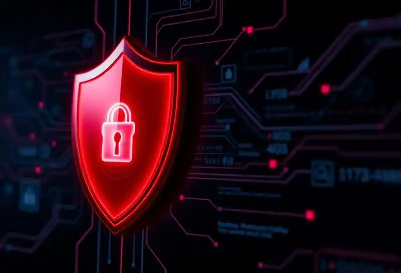 Red shield with padlock icon on digital circuit board background representing cybersecurity and data protection