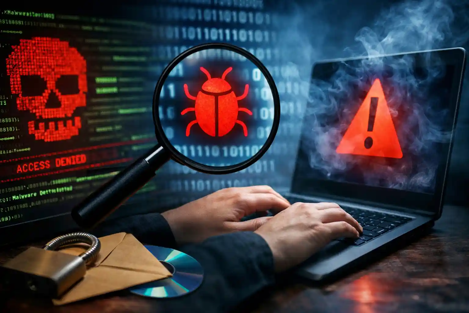What is malware concept showing infected laptop with warning symbol, red virus icon under magnifying glass, and cybersecurity threat background