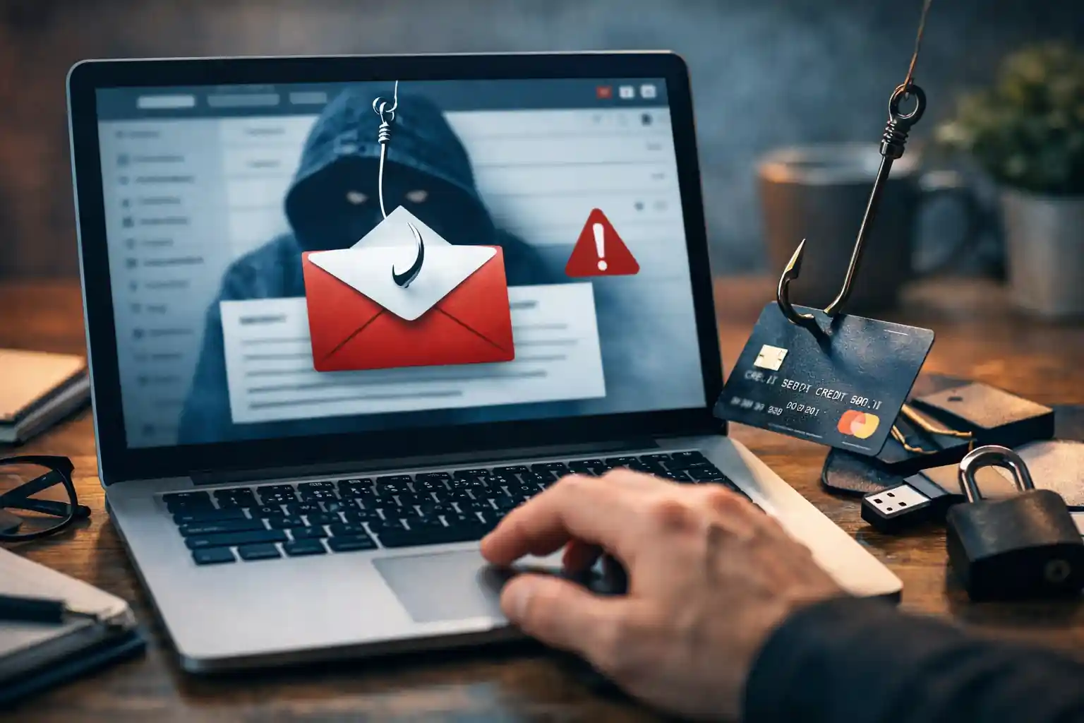 Phishing email scam displayed on laptop screen with fishing hook through envelope icon and hacker in background illustrating online fraud and cybersecurity threat