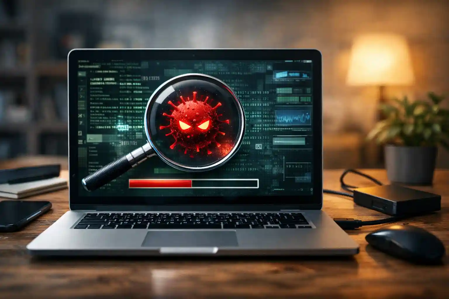 Step-by-step malware scan on laptop showing virus detection with magnifying glass and red malware icon on screen