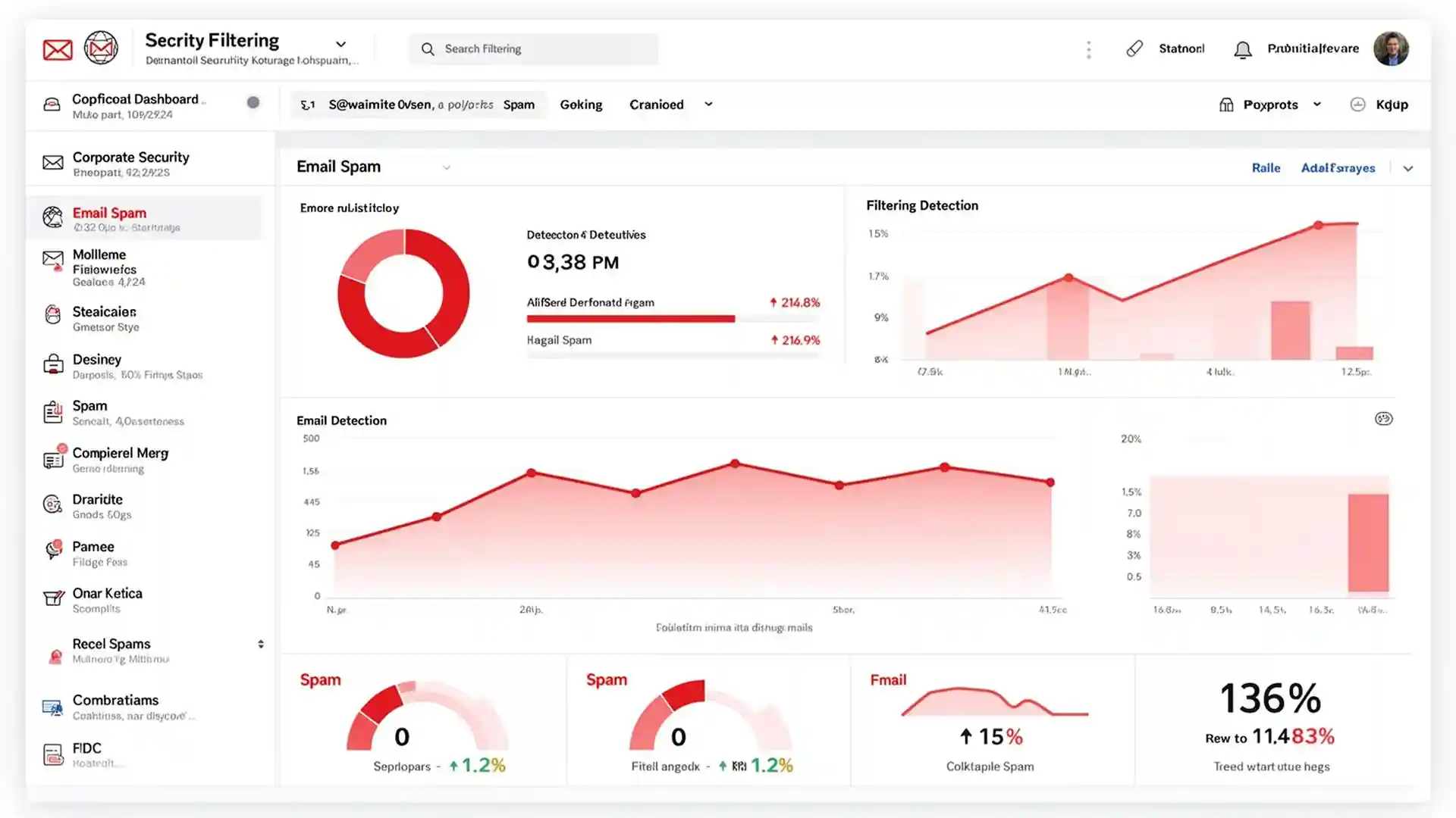 Security dashboard interface with charts and graphs analyzing email spam detection rates, symbolizing advanced filtering and junk email protection.