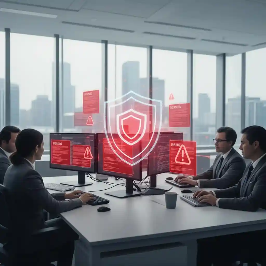 Cybersecurity team monitoring email threats with shield icon and red warning alerts on computer screens, symbolizing spam blocking and junk email protection.