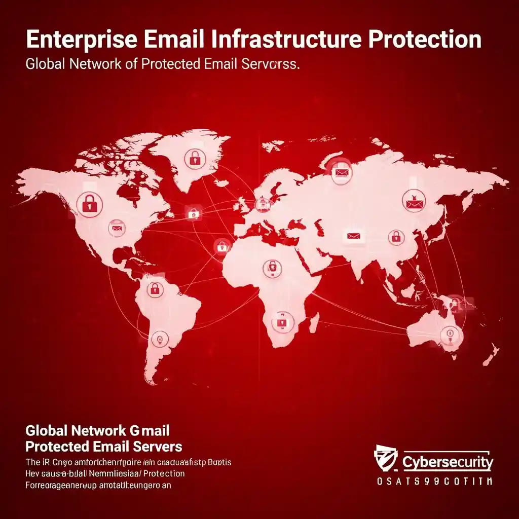 Global enterprise email infrastructure protection illustration with world map, secure email server icons, and lock symbols connected across continents.