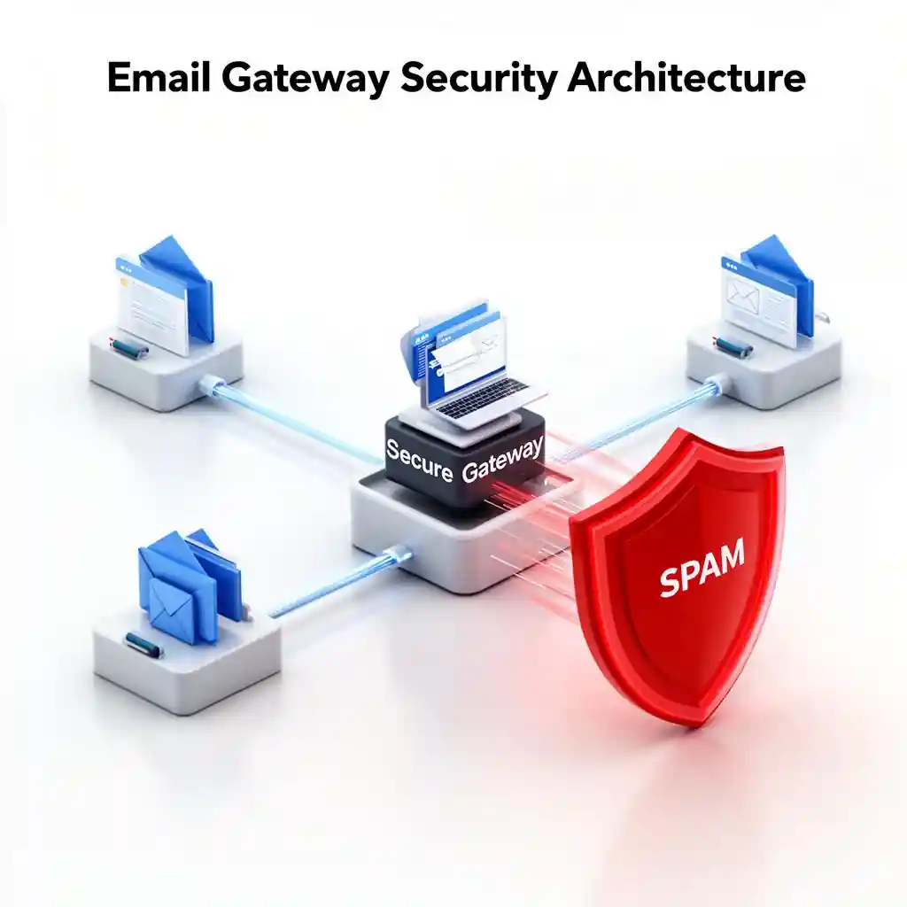 Red shield labeled spam filtering incoming emails before reaching a secure gateway, symbolizing email security architecture and junk mail protection.