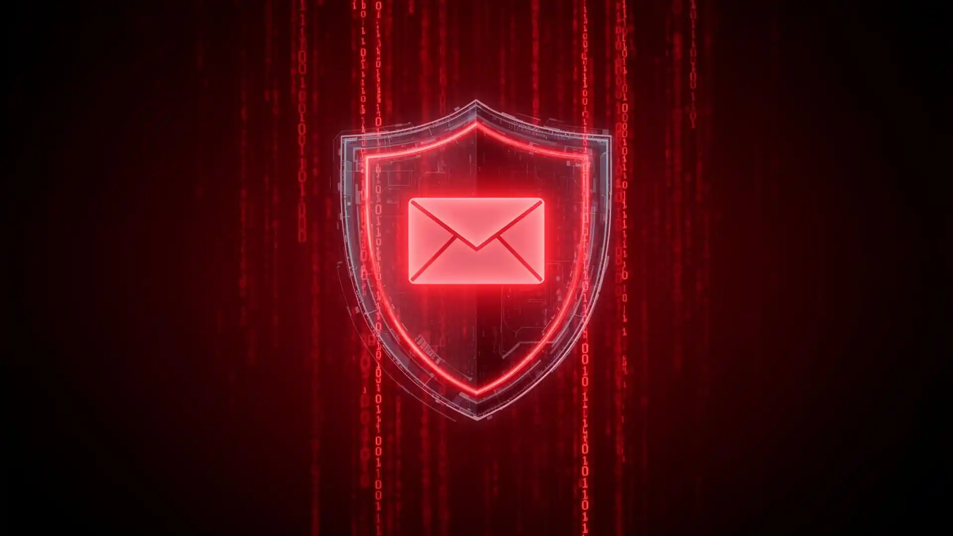 Digital shield protecting red email icon against malware and ransomware threats with binary code background