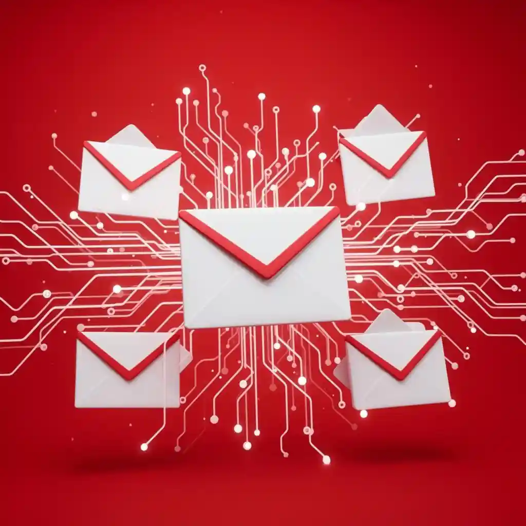 Floating white and red envelopes on a digital red background with circuit-like lines, symbolizing email communication and spam filtering.