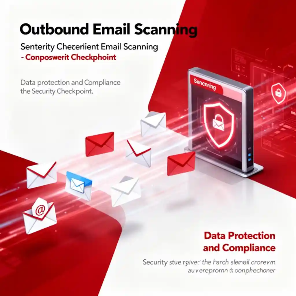 Digital illustration of outbound email scanning with shield icon and envelopes passing through a security checkpoint, symbolizing data protection and compliance.