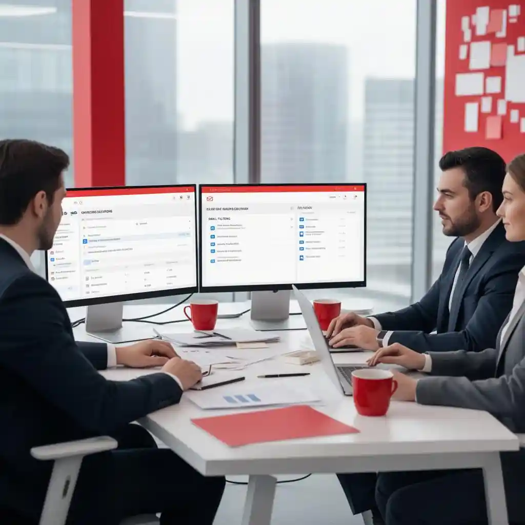 Business team analyzing sales dashboards on laptops and monitors in a modern office, illustrating data-driven decision-making and collaboration