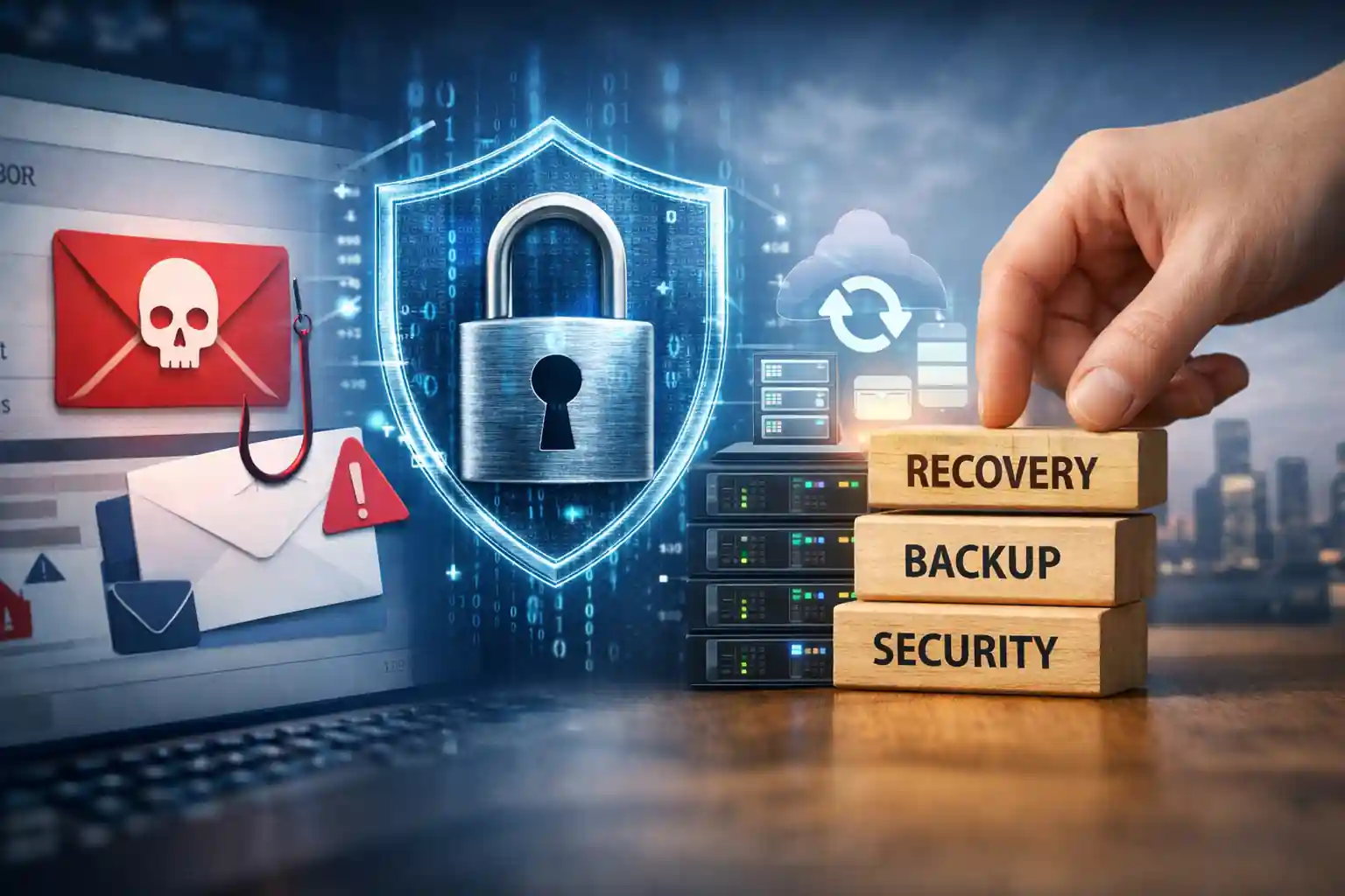 Email inbox showing phishing attack with malicious link and digital hacker threat representing the growing risk of email-borne cybercrime