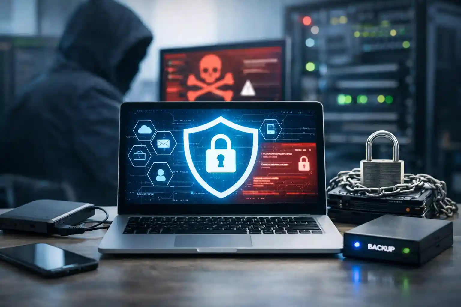 Business laptop displaying a cybersecurity shield protecting company data from email-borne cybercrime and ransomware attacks in a modern office environment