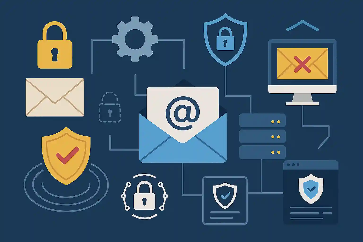 Advanced email security infrastructure with SPF authentication, TLS encryption, antivirus scanning, and endpoint integration tools.