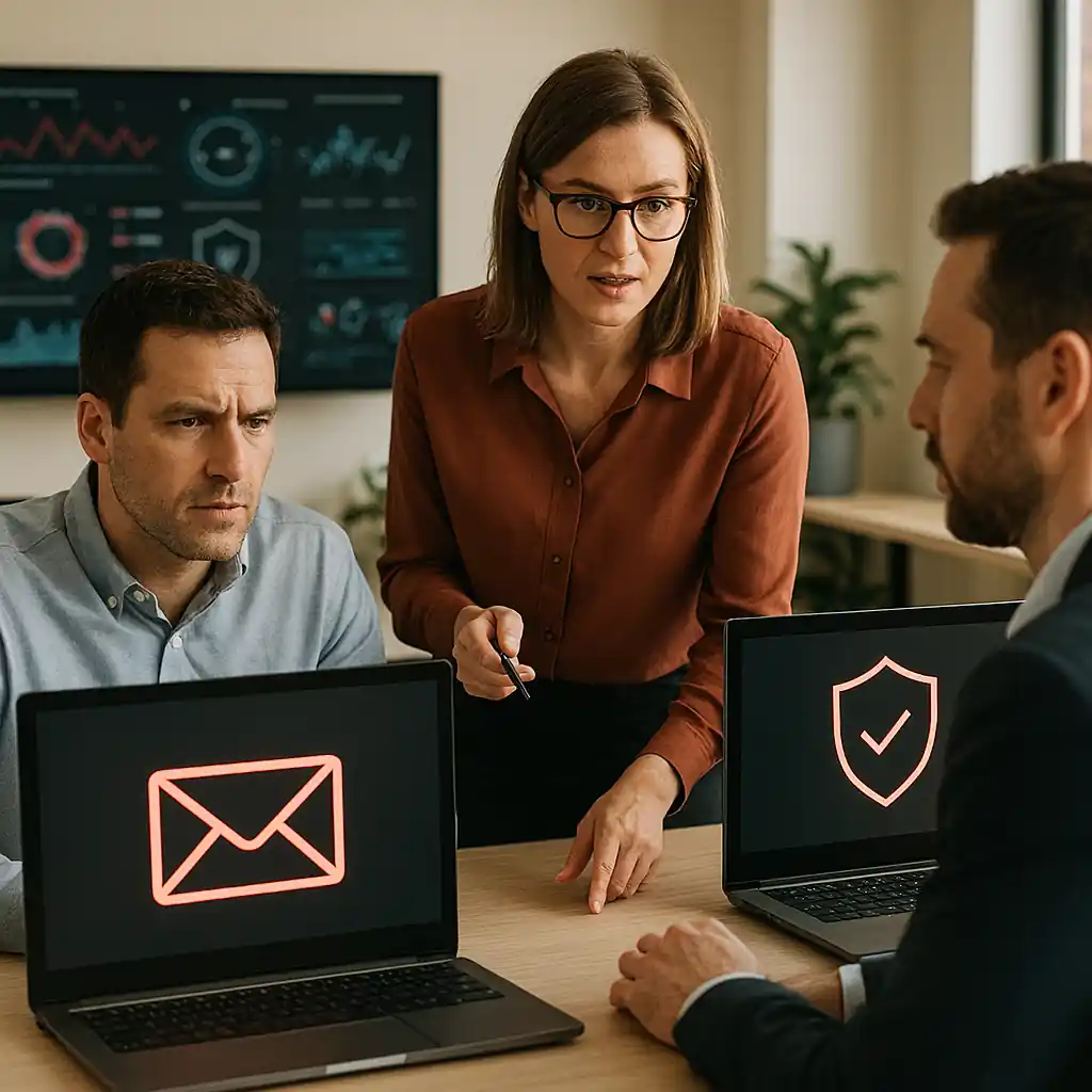 Western professionals in a modern office reviewing cybersecurity dashboards and email protection solutions with MailExperts.