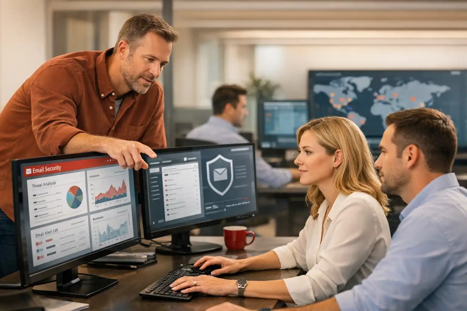 Cybersecurity professionals in a modern office reviewing email security dashboards and monitoring digital threats.