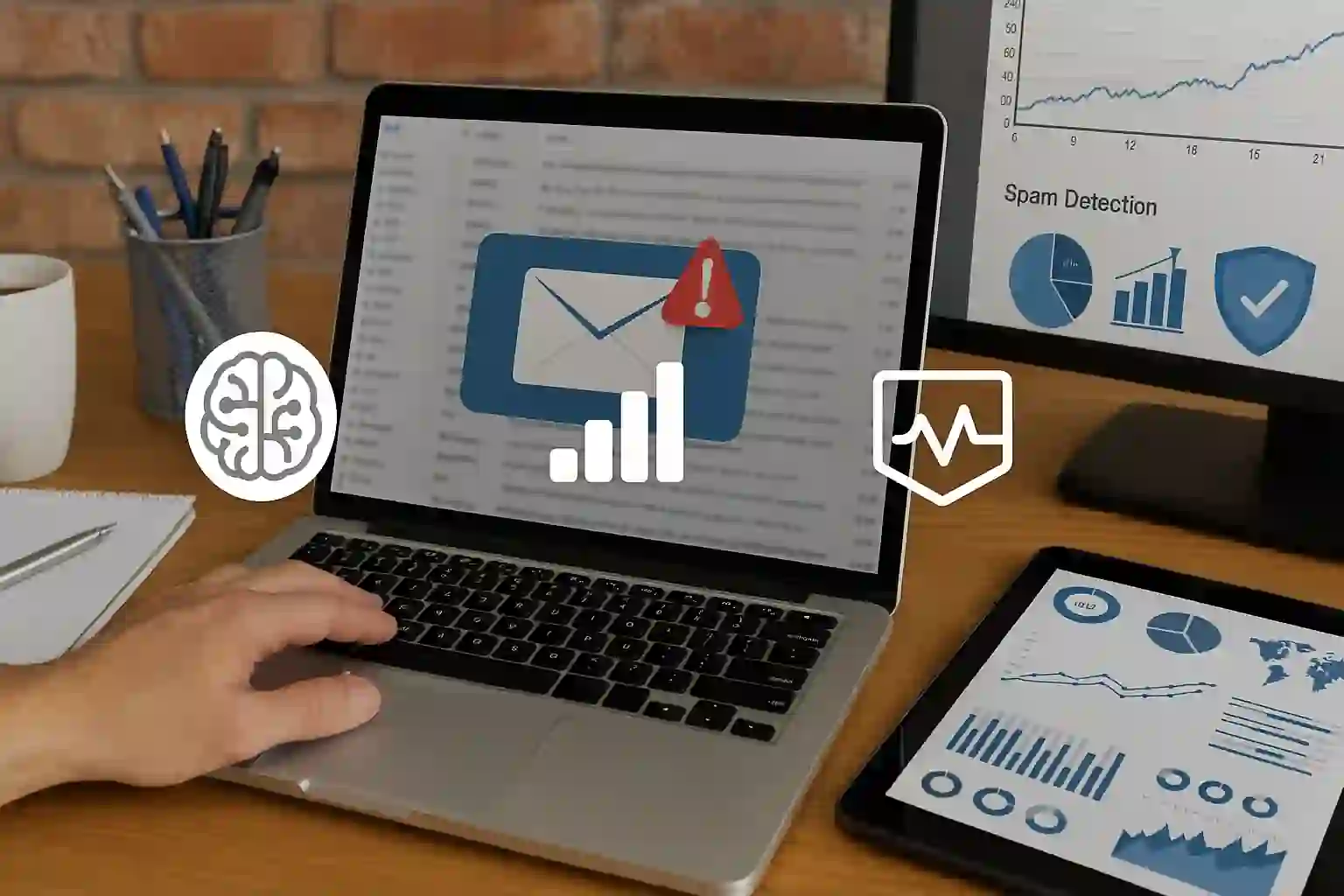 Realistic visualization of spam filtering technology with secure email dashboard, analytics charts, blocked spam indicators, and layered cybersecurity shields.