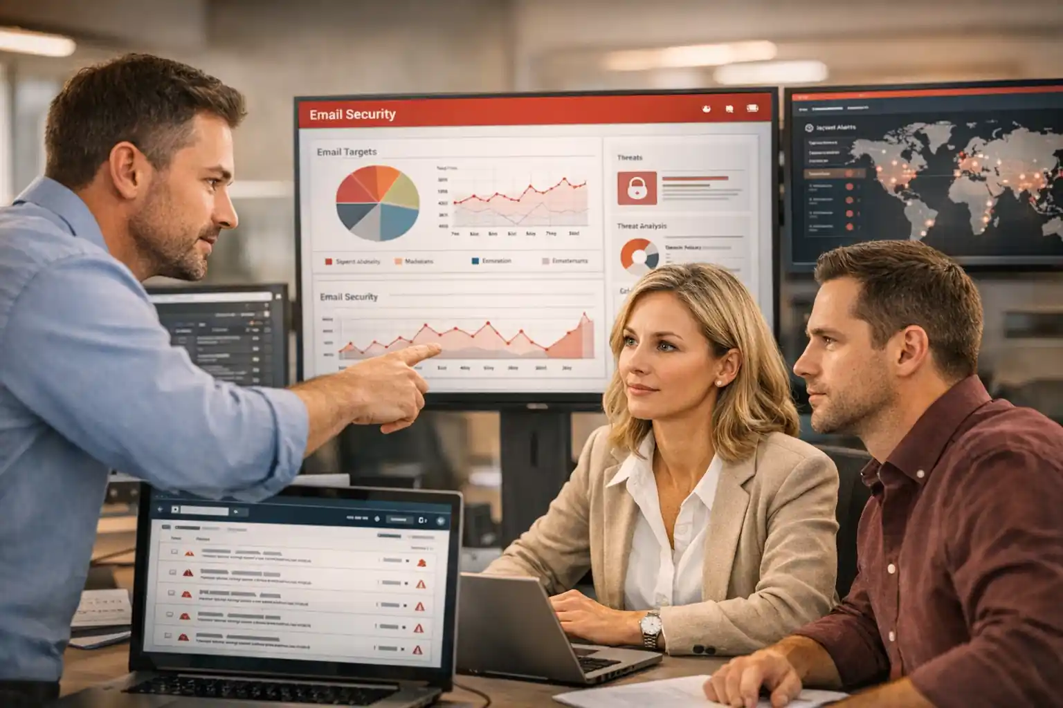 Cybersecurity professionals in a modern office reviewing an email security dashboard with spam detection and threat intelligence metrics.