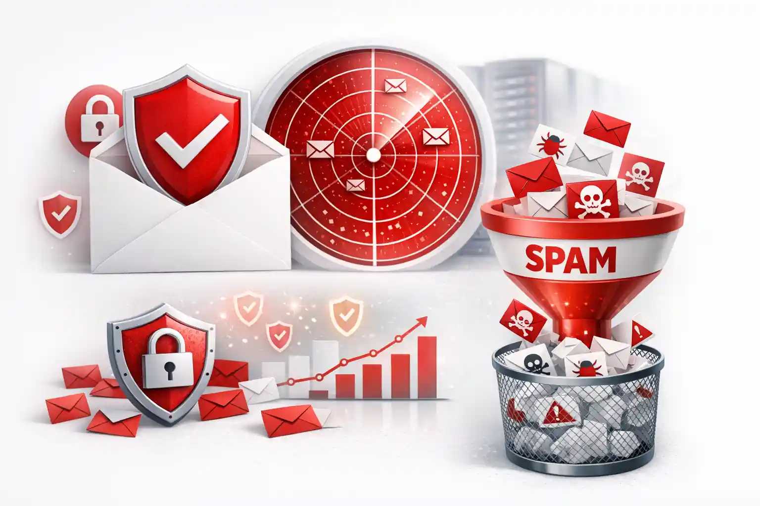 Enterprise-grade email security shield protecting against spam with red and white theme visuals