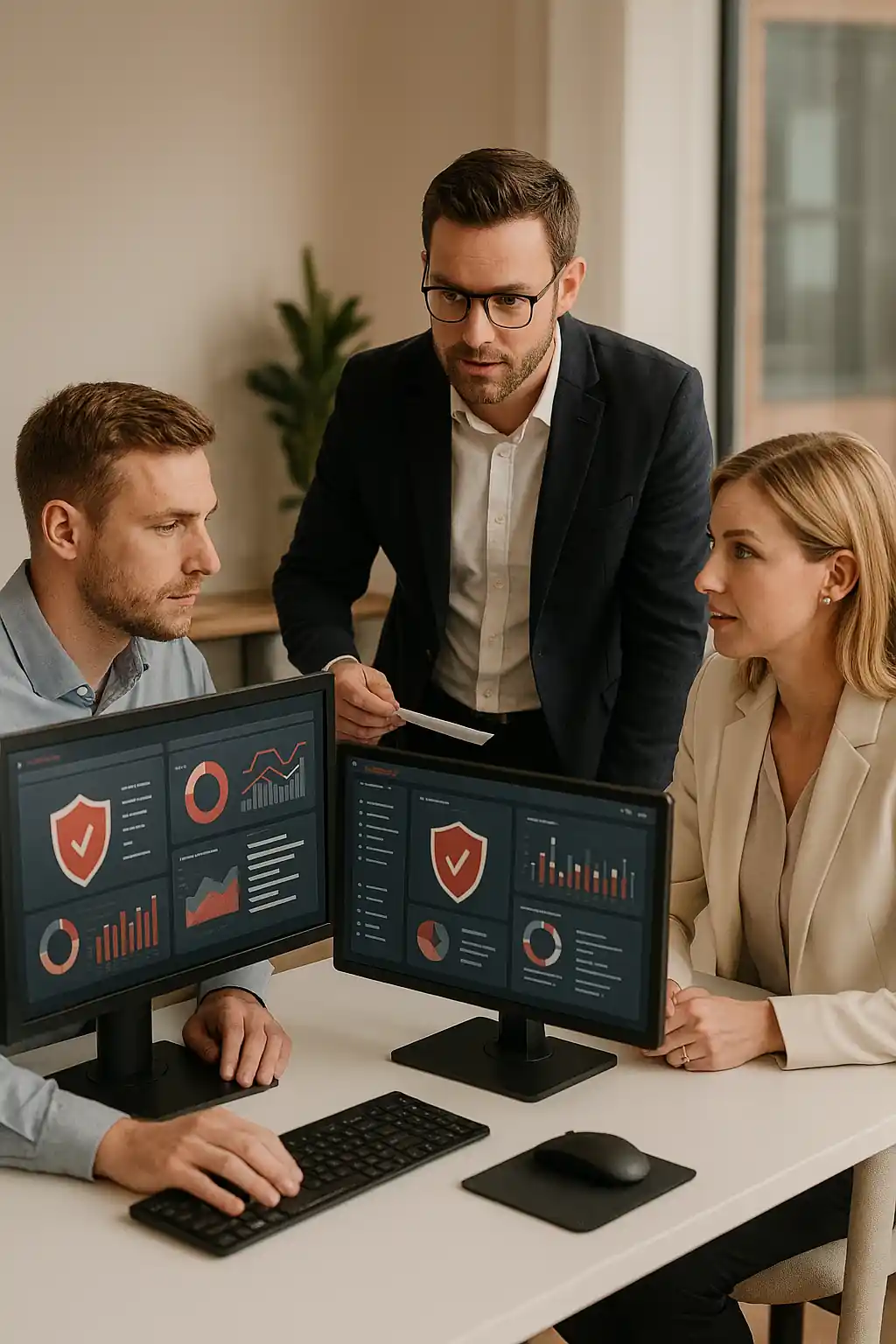 Cybersecurity professionals in a modern office reviewing enterprise email security dashboards with natural lighting and professional attire.