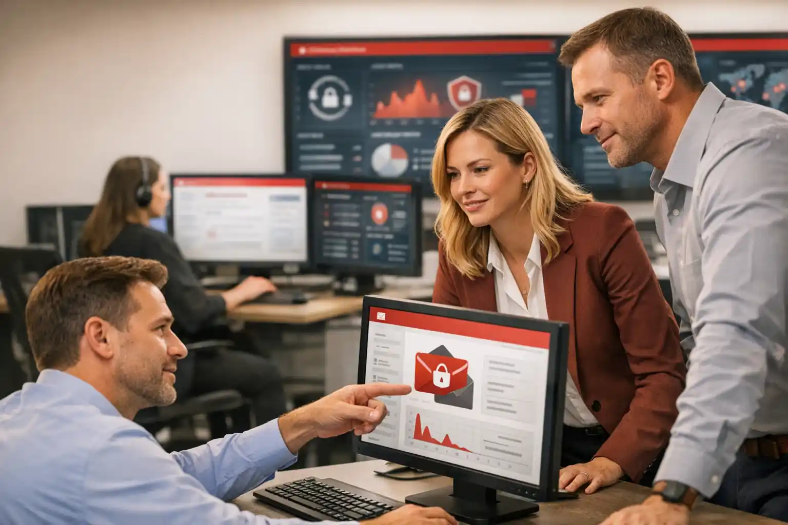Cybersecurity professionals in a modern office reviewing email security dashboards and discussing spam protection strategies.