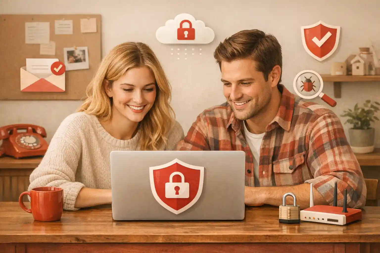Cozy vintage scene of a Caucasian couple using a laptop with email security icons, symbolizing tools and technology behind email protection.