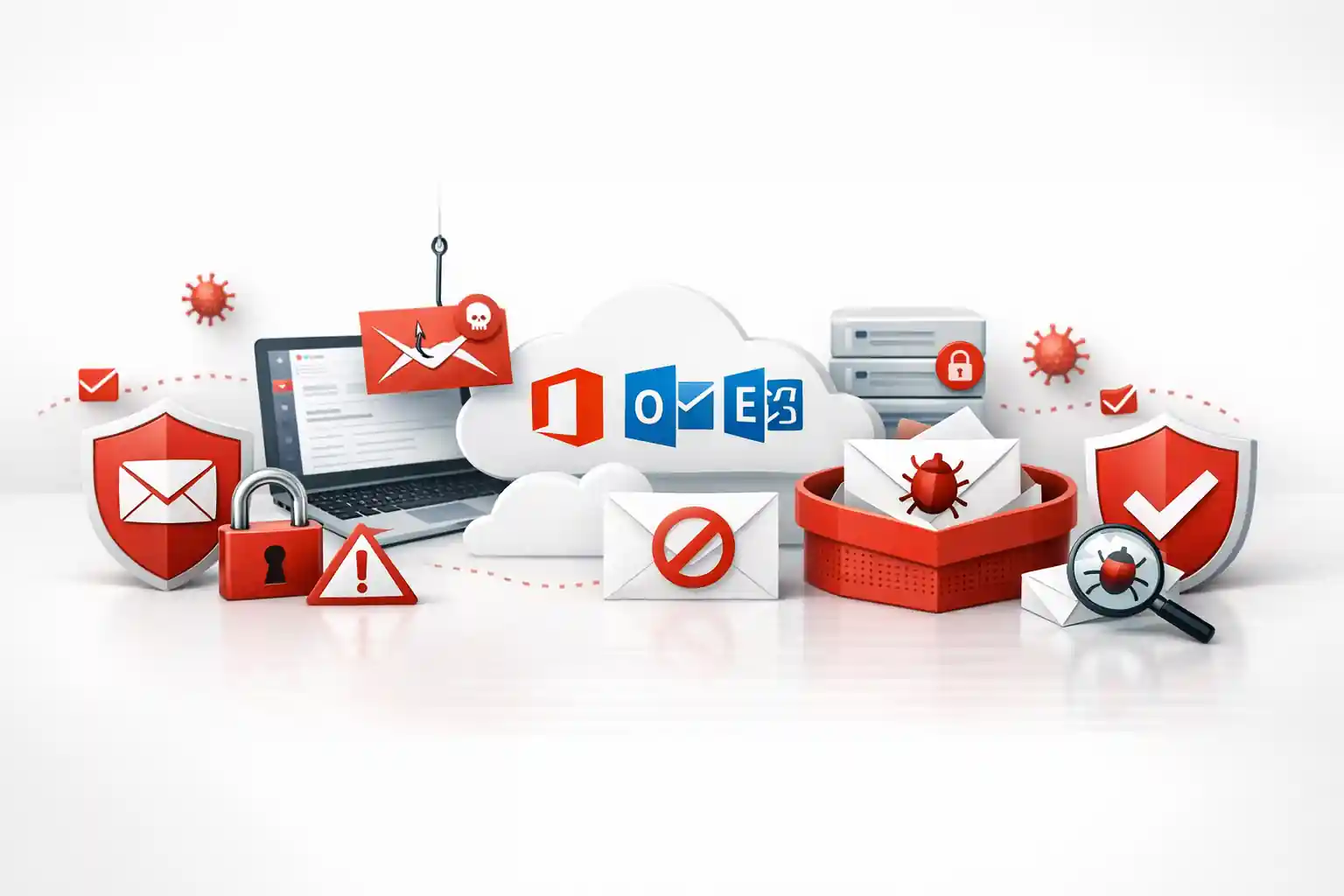 Email security shield protecting businesses from spam, phishing, and malicious emails with red and white theme accents