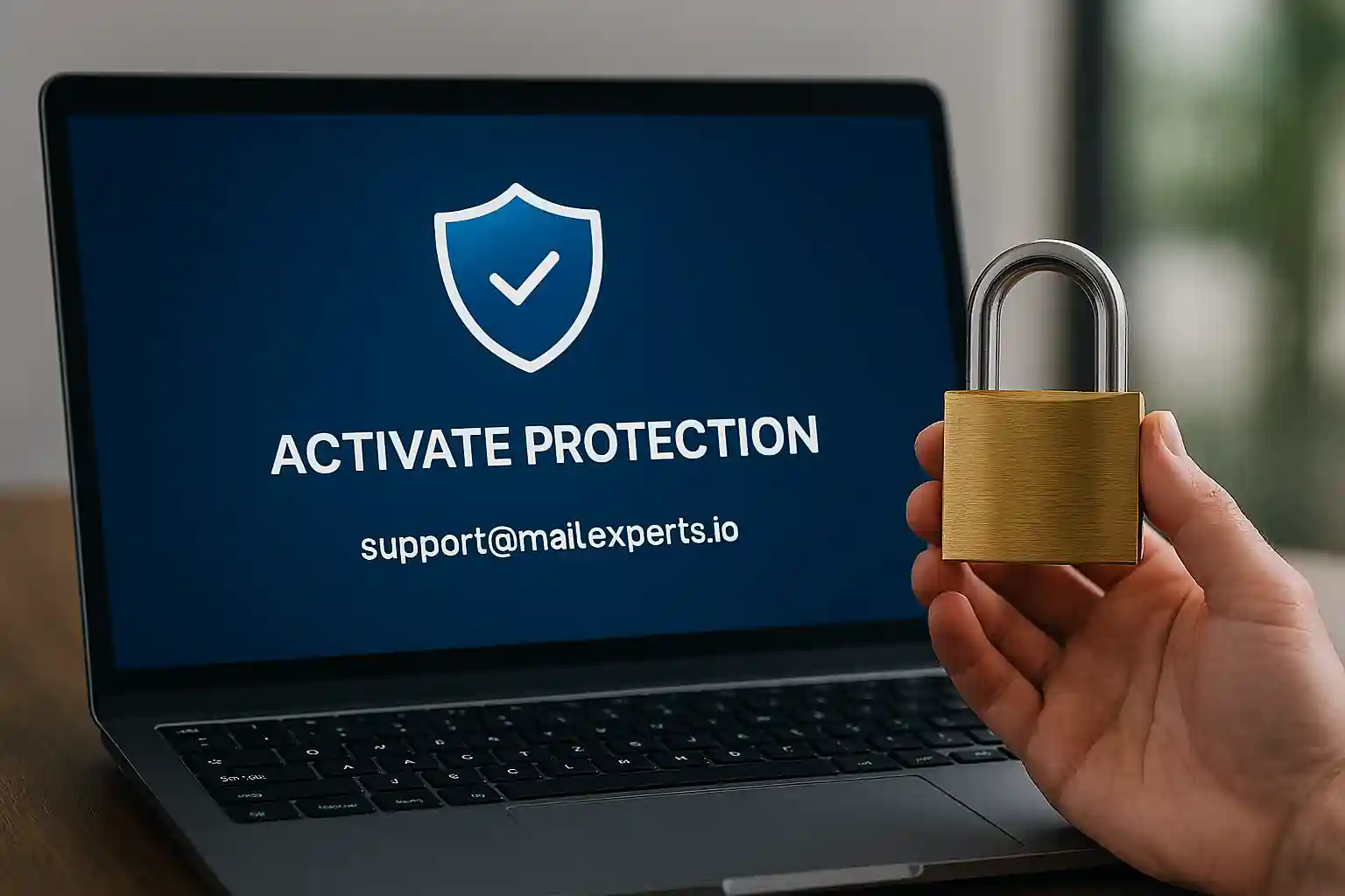 Business laptop displaying email protection activation with padlock symbolizing secure email guarantee