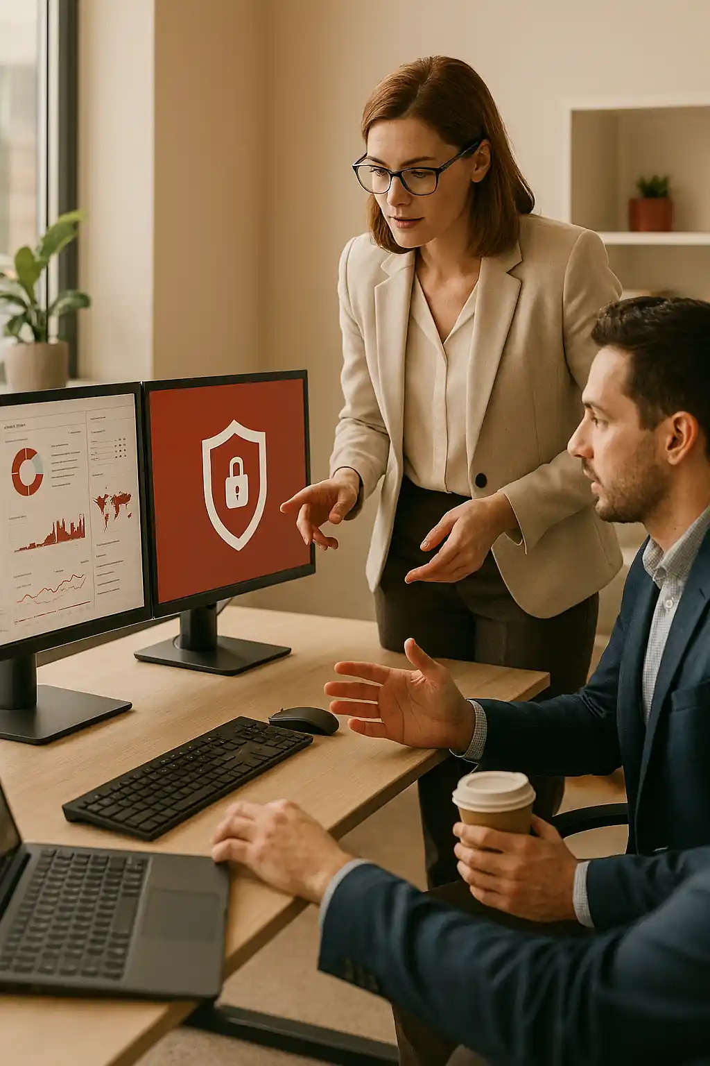 Western cybersecurity professionals in a modern office analyzing email security dashboards and threat intelligence on large monitors.