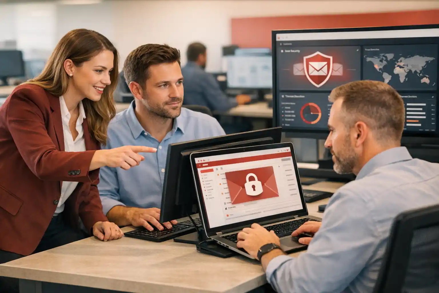 Cybersecurity professionals in a modern office reviewing email security dashboards and spam protection solutions.