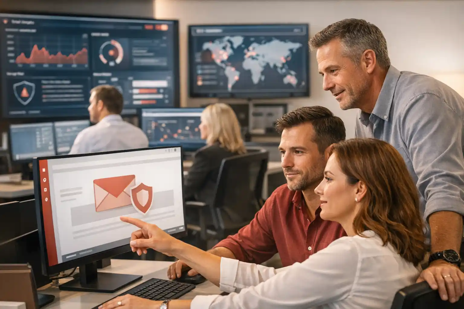 Cybersecurity professionals in a modern office reviewing secure email dashboards and threat detection systems