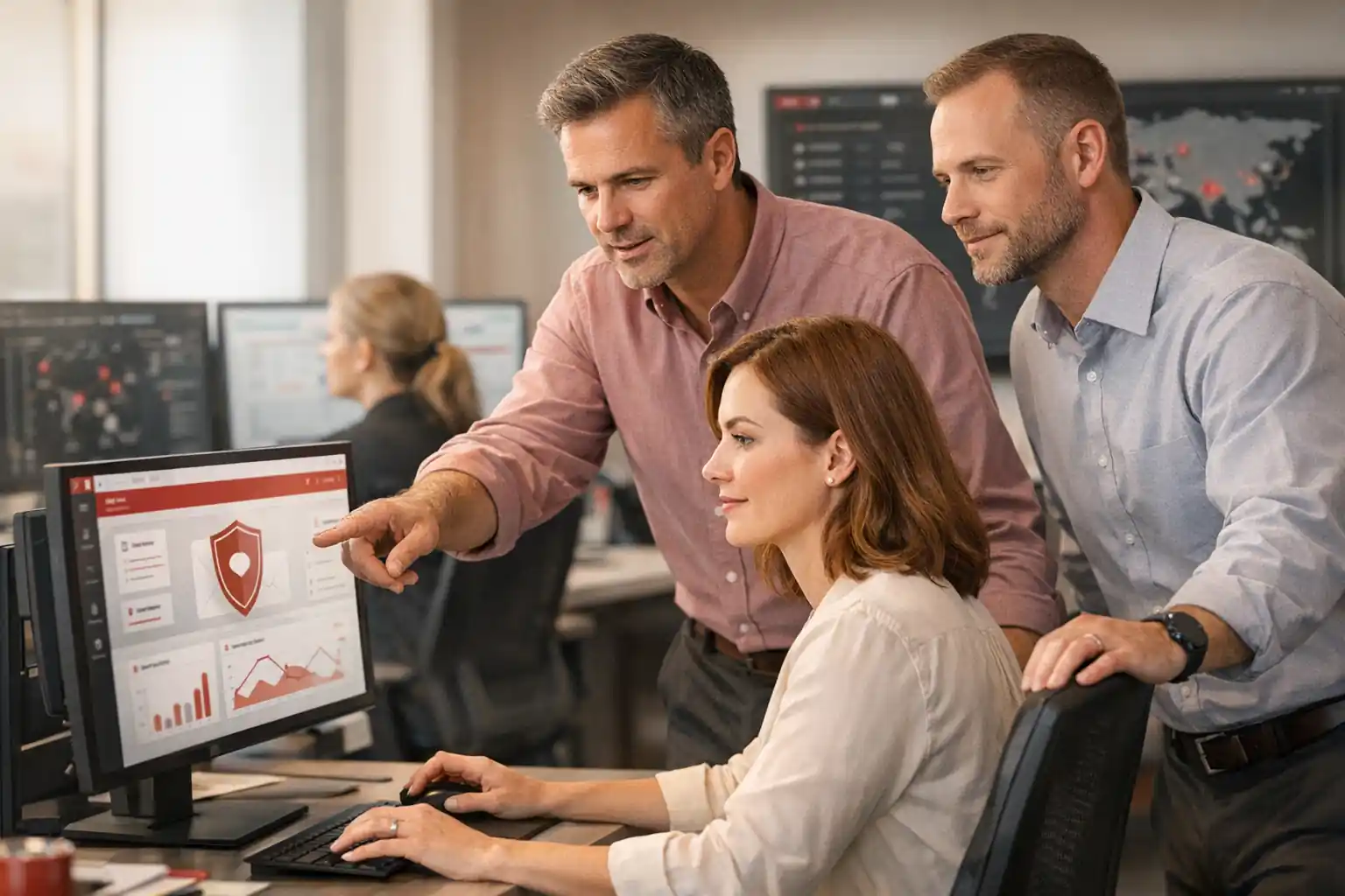 Cybersecurity professionals in a modern office reviewing email security dashboards and discussing spam protection strategies.