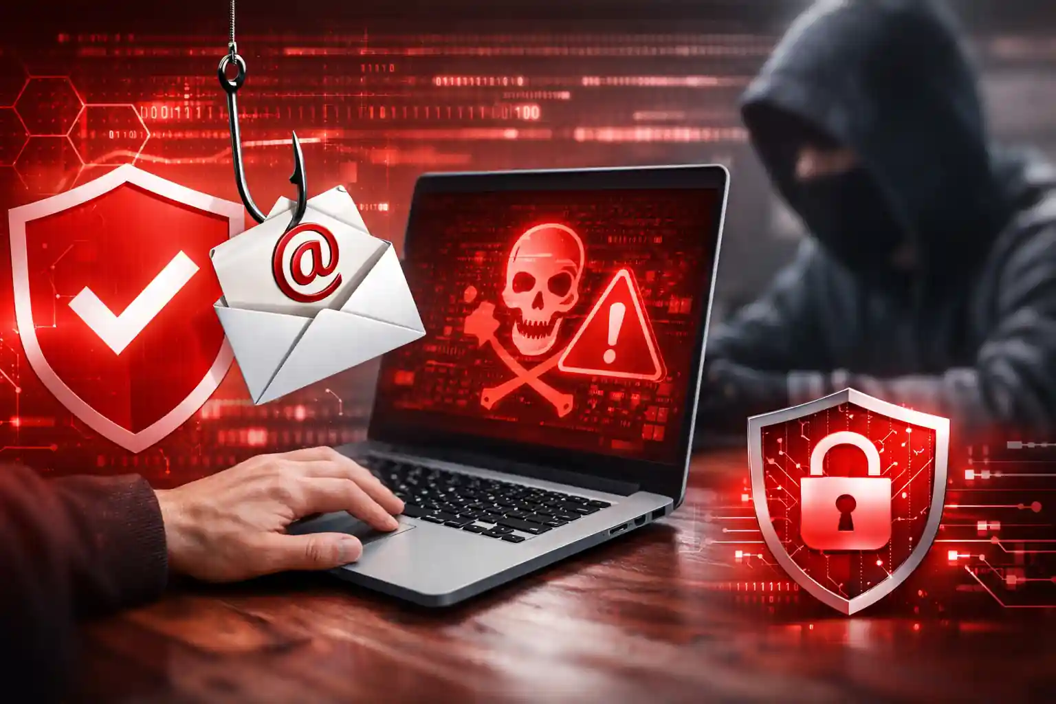 Cybersecurity shield protecting email from phishing attack with hacker and warning alert on laptop screen