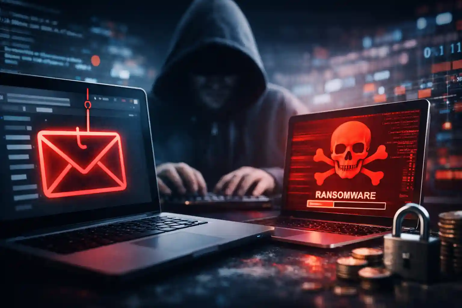 Hacker launching email phishing attack leading to ransomware infection on business computers, representing the growing threat of email-borne cybercrime.