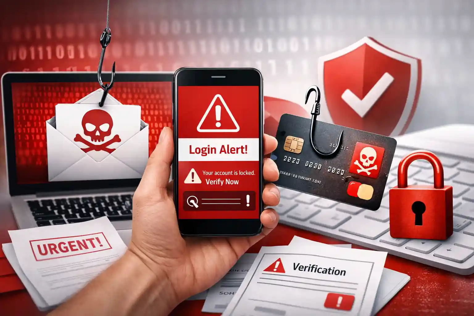 Employee recognizing phishing email warning on laptop and smartphone with security lock and credit card phishing hook concept