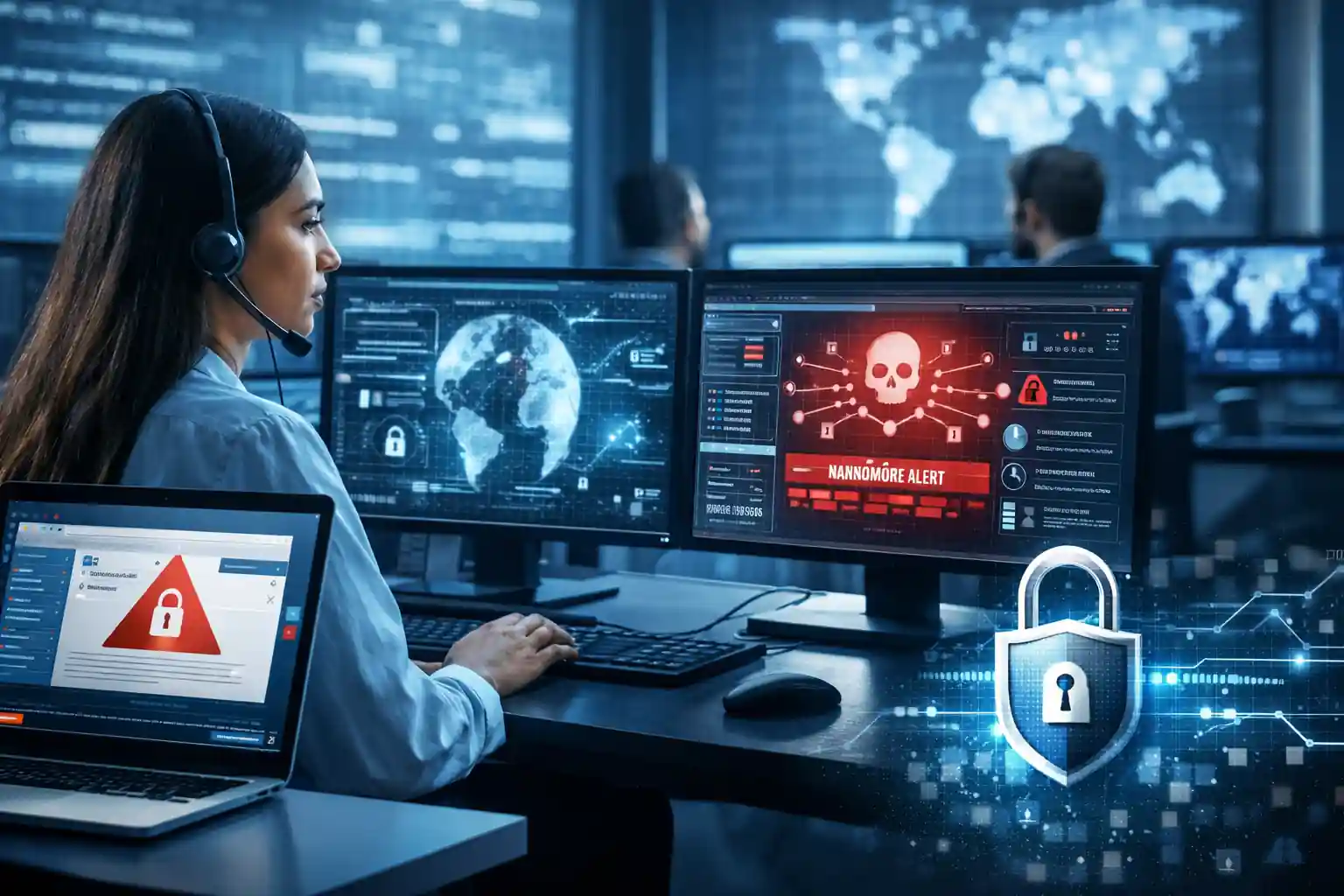 Enterprise cybersecurity analyst monitoring AI-powered email security system blocking ransomware and phishing threats in a modern security operations center