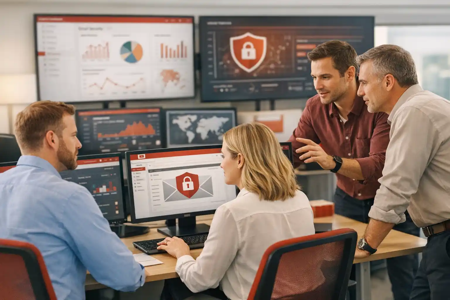 Cybersecurity professionals in a modern office monitoring secure email gateway dashboards for enterprise email protection